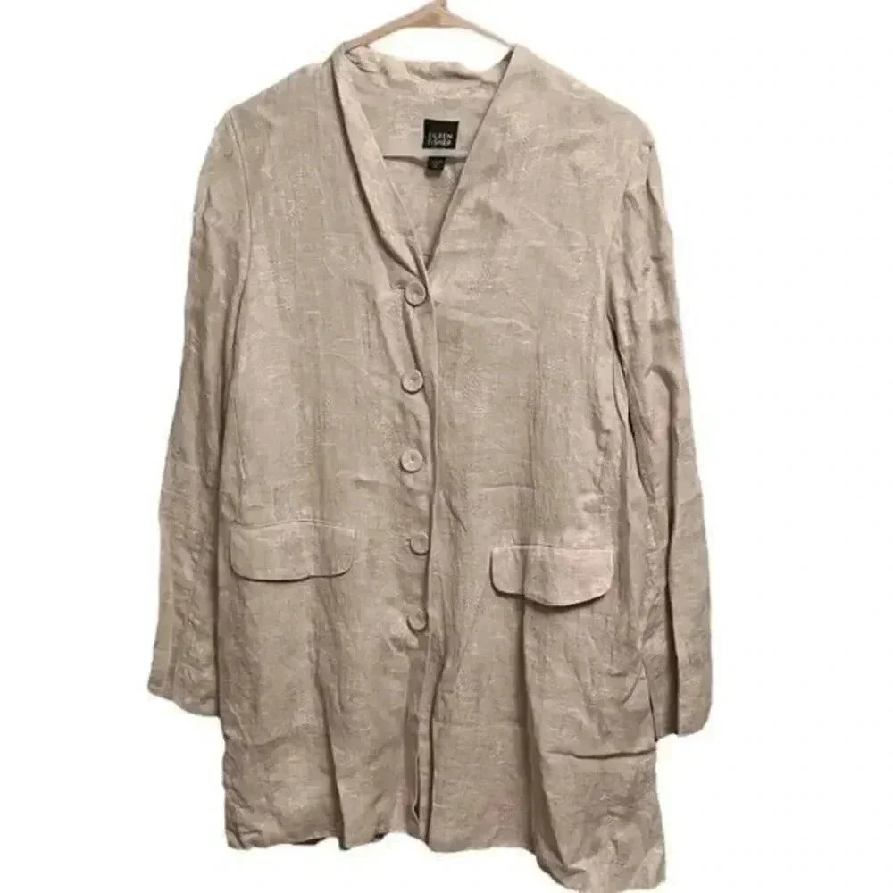 Eileen Fisher Women's Medium Petite 100% Linen Jacquard Long Cream‎ Jacket